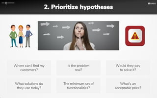 Where can I find my
customers?
Is the problem
real?
Would they pay
to solve it?
What solutions do
they use today?
The minimum set of
functionalities?
What’s an
acceptable price?
2. Prioritize hypotheses
 