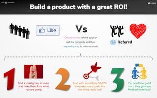 Find a small group of users
and make them love what
you are doing
Start with something SIMPLE
and make sure you do that
one thing really well.
You need few good
users: they give you
feedback everyday!
Referral
Choose a niche where you can
get the monopoly and then
expand quickly to other markets
Build a product with a great ROI!
 