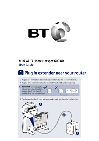 Mini Wi-Fi Home Hotspot 600 Kit
User Guide
1 	Plug in extender near your router
2
1
3
1	 Plug one end of the ethernet cable into a spare ethernet socket on your router/hub.
2	 Plug the other end into the extender; it’s called ‘Broadband Extender’ on the top.
IMPORTANT: to work properly, 	
extender and hotspot must be 	
plugged directly into the wall	
socket and not into extension leads.
3	 Plug the extender directly into a wall power socket. Make sure the socket’s switched on.
Data
Etherenet
Power
Data
Etherenet
Power
 