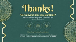 CREDITS: This presentation template was created by Slidesgo,
including icons by Flaticon, infographics & images by Freepik
Thanks!
Does anyone have any questions?
addyouremail@freepik.com | +91 620 421 838
yourwebsite.com
Please keep this slide for attribution
 