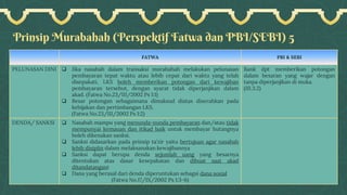 Prinsip Murabahah (Perspektif Fatwa dan PBI/SEBI) 5
FATWA PBI & SEBI
PELUNASAN DINI ❑ Jika nasabah dalam transaksi murabahah melakukan pelunasan
pembayaran tepat waktu atau lebih cepat dari waktu yang telah
disepakati, LKS boleh memberikan potongan dari kewajiban
pembayaran tersebut, dengan syarat tidak diperjanjikan dalam
akad. (Fatwa No.23/III/2002 Ps 1:1)
❑ Besar potongan sebagaimana dimaksud diatas diserahkan pada
kebijakan dan pertimbangan LKS.
(Fatwa No.23/III/2002 Ps 1:2)
Bank dpt memberikan potongan
dalam besaran yang wajar dengan
tanpa diperjanjikan di muka.
(III.3.2)
DENDA/ SANKSI ❑ Nasabah mampu yang menunda-nunda pembayaran dan/atau tidak
mempunyai kemauan dan itikad baik untuk membayar hutangnya
boleh dikenakan sanksi.
❑ Sanksi didasarkan pada prinsip ta’zir yaitu bertujuan agar nasabah
lebih disiplin dalam melaksanakan kewajibannya
❑ Sanksi dapat berupa denda sejumlah uang yang besarnya
ditentukan atas dasar kesepakatan dan dibuat saat akad
ditandatangani
❑ Dana yang berasal dari denda diperuntukan sebagai dana sosial
(Fatwa No.17/IX/2002 Ps 1:3-6)
 