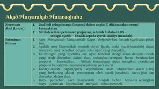 Akad Musyarakah Mutanaqisah 2
Ketentuan
Akad (Lanjut)
1. Jual beli sebagaimana dimaksud dalam angka 3) dilaksanakan sesuai
kesepakatan.
2. Setelah selesai pelunasan penjualan, seluruh hishshah LKS –
sebagai syarik-- beralih kepada syarik lainnya (nasabah).
Ketentuan
Khusus
1. Aset Musyarakah Mutanaqisah dapat di-ijarah-kan kepada syarik atau pihak
lain.
2. Apabila aset Musyarakah menjadi obyek Ijarah, maka syarik (nasabah) dapat
menyewa aset tersebut dengan nilai ujrah yang disepakati.
3. Keuntungan yang diperoleh dari ujrah tersebut dibagi sesuai dengan nisbah
yang telah disepakati dalam akad, sedangkan kerugian harus berdasarkan
proporsi kepemilikan. Nisbah keuntungan dapat mengikuti perubahan
proporsi kepemilikan sesuai kesepakatan para syarik.
4. Kadar/Ukuran bagian/porsi kepemilikan asset Musyarakah syarik (LKS)
yang berkurang akibat pembayaran oleh syarik (nasabah), harus jelas dan
disepakati dalam akad;
5. Biaya perolehan aset Musyarakah menjadi beban bersama sedangkan
biaya peralihan kepemilikan menjadi beban pembeli
 