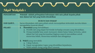 Akad Wakalah 1
PENGERTIAN Wakalah adalah pelimpahan kekuasaan oleh satu pihak kepada pihak
lain dalam hal-hal yang boleh diwakilkan
RUKUN DAN SYARAT
IJAB QABUL harus dinyatakan oleh para pihak untuk menunjukkan kehendak mereka dalam
mengadakan kontrak (akad)
PELAKU 1. Muwakkil (yang mewakilkan)
a. Pemilik sah yang dapat bertindak terhadap sesuatu yang diwakilkan.
b. Orang mukallaf atau anak mumayyiz dalam batas-batas tertentu, yakni
dalam hal-hal yang bermanfaat baginya seperti mewakilkan untuk
menerima hibah, menerima sedekah dan sebagainya
2. Wakil (yang mewakili)
a. Cakap hukum,
b. Dapat mengerjakan tugas yang diwakilkan kepadanya,
c. Wakil adalah orang yang diberi amanat.
 