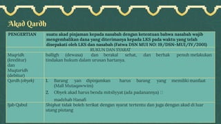 Akad Qardh
PENGERTIAN suatu akad pinjaman kepada nasabah dengan ketentuan bahwa nasabah wajib
mengembalikan dana yang diterimanya kepada LKS pada waktu yang telah
disepakati oleh LKS dan nasabah (Fatwa DSN MUI NO: 19/DSN-MUI/IV/2001)
RUKUN DAN SYARAT
Muqridh
(kreditur)
dan
Muqtaridh
(debitur)
balligh (dewasa) dan berakal sehat, dan berhak penuh melakukan
tindakan hukum dalam urusan hartanya.
Qardh (obyek) 1. Barang yan dipinjamkan harus barang yang memiliki manfaat
(Mall Mutaqawwim)
2. Obyek akad harus benda mitsliyyat (ada padanannya)
madzhab Hanafi
Ijab Qabul Shighat tidak boleh terikat dengan syarat tertentu dan juga dengan akad di luar
utang piutang
 