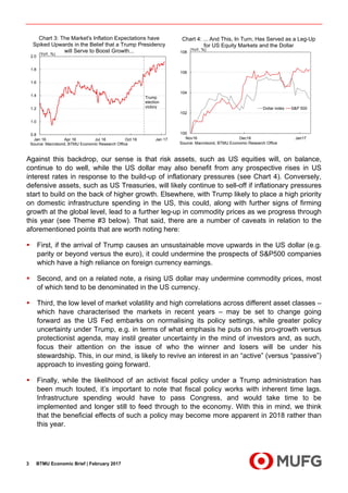 BTMU Economic Brief | February 20173
Against this backdrop, our sense is that risk assets, such as US equities will, on balance,
continue to do well, while the US dollar may also benefit from any prospective rises in US
interest rates in response to the build-up of inflationary pressures (see Chart 4). Conversely,
defensive assets, such as US Treasuries, will likely continue to sell-off if inflationary pressures
start to build on the back of higher growth. Elsewhere, with Trump likely to place a high priority
on domestic infrastructure spending in the US, this could, along with further signs of firming
growth at the global level, lead to a further leg-up in commodity prices as we progress through
this year (see Theme #3 below). That said, there are a number of caveats in relation to the
aforementioned points that are worth noting here:
First, if the arrival of Trump causes an unsustainable move upwards in the US dollar (e.g.
parity or beyond versus the euro), it could undermine the prospects of S&P500 companies
which have a high reliance on foreign currency earnings.
Second, and on a related note, a rising US dollar may undermine commodity prices, most
of which tend to be denominated in the US currency.
Third, the low level of market volatility and high correlations across different asset classes –
which have characterised the markets in recent years – may be set to change going
forward as the US Fed embarks on normalising its policy settings, while greater policy
uncertainty under Trump, e.g. in terms of what emphasis he puts on his pro-growth versus
protectionist agenda, may instil greater uncertainty in the mind of investors and, as such,
focus their attention on the issue of who the winner and losers will be under his
stewardship. This, in our mind, is likely to revive an interest in an “active” (versus “passive”)
approach to investing going forward.
Finally, while the likelihood of an activist fiscal policy under a Trump administration has
been much touted, it’s important to note that fiscal policy works with inherent time lags.
Infrastructure spending would have to pass Congress, and would take time to be
implemented and longer still to feed through to the economy. With this in mind, we think
that the beneficial effects of such a policy may become more apparent in 2018 rather than
this year.
0.8
1.0
1.2
1.4
1.6
1.8
2.0
Jan 16 Apr 16 Jul 16 Oct 16 Jan 17
(YoY, %)
Chart 3: The Market's Inflation Expectations have
Spiked Upwards in the Belief that a Trump Presidency
will Serve to Boost Growth...
Source: Macrobond, BTMU Economic Research Office
Trump
election
victory
100
102
104
106
108
Nov16 Dec16 Jan17
Dollar index S&P 500
Chart 4: ... And This, In Turn, Has Served as a Leg-Up
for US Equity Markets and the Dollar
(YoY, %)
Source: Macrobond, BTMU Economic Research Office
 