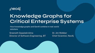 Knowledge Graphs for
Critical Enterprise Systems
How knowledge graphs and GenAI combine in real-world
solutions
Sreenath Gopalakrishna
Director of Software Engineering, BT
Dr. Jim Webber
Chief Scientist, Neo4j
 