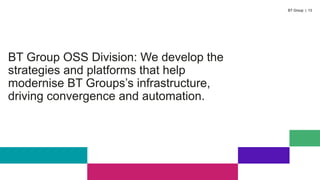 BT Group OSS Division: We develop the
strategies and platforms that help
modernise BT Groups’s infrastructure,
driving convergence and automation.
13
BT Group |
 