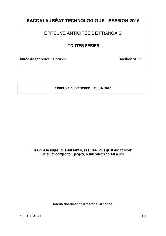 Sujet du bac Français des séries technologiques