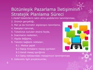 Bütünleşik Pazarlama İletişiminin
Stratejik Planlama Süreci
1.Hedef tüketicilerin satın alma güdülerinin tanımlanması,
2. Ürünün gerçekliği,
3. Mal ya da hizmetin algılanışını tanımlama,
4. Rakipleri tanımak,
5. Tüketiciye sunulan ekstra fayda,
6. İnanmanın nedenleri,
7. Algıda değişme,
8. Tüketici bağlantı noktaları,
8.1. Medya çeşidi
8.2 Rakip firmaların mesaj içerikleri
8.3 Kendi mesaj içeriğimiz
8.4 Satış noktasındaki mesajımızın tanımlanması
9. Gelecekle ilgili projeksiyonlar,
8
 
