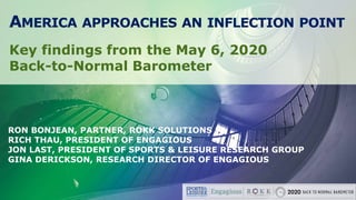 AMERICA APPROACHES AN INFLECTION POINT
Key findings from the May 6, 2020
Back-to-Normal Barometer
RON BONJEAN, PARTNER, ROKK SOLUTIONS
RICH THAU, PRESIDENT OF ENGAGIOUS
JON LAST, PRESIDENT OF SPORTS & LEISURE RESEARCH GROUP
GINA DERICKSON, RESEARCH DIRECTOR OF ENGAGIOUS
 