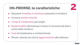 ● Soluzione installata su hardware presente in struttura;
● Accesso tramite intranet;
● Tempi di installazione più lunghi;
● Responsabilità del backup e messa in sicurezza dei dati a
carico della struttura;
● Costi di installazione e mantenimento;
● Minore velocità nei cicli di aggiornamento del software.
ON-PREMISE, le caratteristiche: 2
 