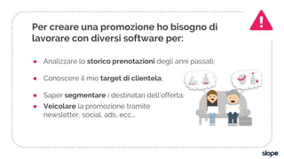 ● Analizzare lo storico prenotazioni degli anni passati;
● Conoscere il mio target di clientela;
● Saper segmentare i destinatari dell’offerta;
● Veicolare la promozione tramite
newsletter, social, ads, ecc...
Per creare una promozione ho bisogno di
lavorare con diversi software per:
 