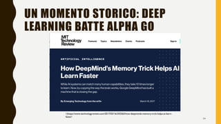 UN MOMENTO STORICO: DEEP
LEARNING BATTE ALPHA GO
1)https://www.technologyreview.com/2017/03/16/243265/how-deepminds-memory...
