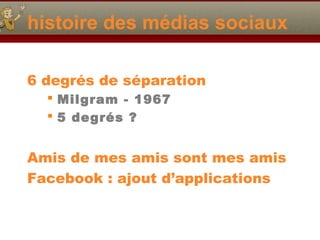 histoire des médias sociaux
6 degrés de séparation
 Milgram - 1967
 5 degrés ?
Amis de mes amis sont mes amis
Facebook : ajout d’applications
 