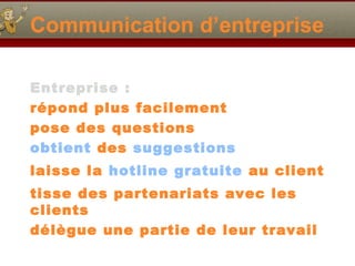 Communication d’entreprise
Entreprise :
répond plus facilement
pose des questions
obtient des suggestions
laisse la hotline gratuite au client
tisse des partenariats avec les
clients
délègue une partie de leur travail
 