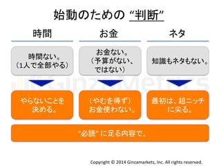 ጞື䛾䛯䜑䛾㻌“ุ᩿” 
᫬㛫 䛚㔠 䝛䝍 
Copyright 
© 
2014 
Ginzamarkets, 
Inc. 
All 
rights 
reserved. 
᫬㛫䛺䛔䚹 
䠄1ே䛷඲㒊䜔䜛䠅 
䛚㔠䛺䛔䚹 
䠄ண⟬䛜䛺䛔䚸 
䛷䛿䛺䛔䠅 
▱㆑䜒䝛䝍䜒䛺䛔䚹 
䜔䜙䛺䛔䛣䛸䜢 
Ỵ䜑䜛䚹 
䠄䜔䜐䜢ᚓ䛪䠅 
䛚㔠౑䜟䛺䛔䚹 
᭱ึ䛿䚸㉸䝙䝑䝏 
䛻ᑤ䜛䚹 
“ᚲㄞ” 
䛻㊊䜛ෆᐜ䛷䚹 
 