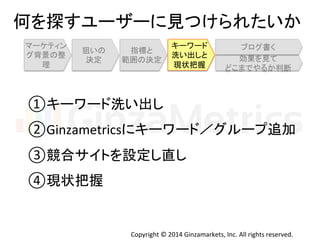 ఱ䜢᥈䛩䝴䞊䝄䞊䛻ぢ䛴䛡䜙䜜䛯䛔䛛 
䝤䝻䜾᭩䛟 
Copyright 
© 
2014 
Ginzamarkets, 
Inc. 
All 
rights 
reserved. 
䝬䞊䜿䝔䜱䞁 
䜾⫼ᬒ䛾ᩚ 
⌮ 
≺䛔䛾 
Ỵᐃ 
ᣦᶆ䛸 
⠊ᅖ䛾Ỵᐃ 
䜻䞊䝽䞊䝗 
Ὑ䛔ฟ䛧䛸 
⌧≧ᢕᥱ 
ຠᯝ䜢ぢ䛶 
䛹䛣䜎䛷䜔䜛䛛ุ᩿ 
①䜻䞊䝽䞊䝗Ὑ䛔ฟ䛧 
②Ginzametrics䛻䜻䞊䝽䞊䝗䠋䜾䝹䞊䝥㏣ຍ 
③➇ྜ䝃䜲䝖䜢タᐃ䛧┤䛧 
④⌧≧ᢕᥱ 
 