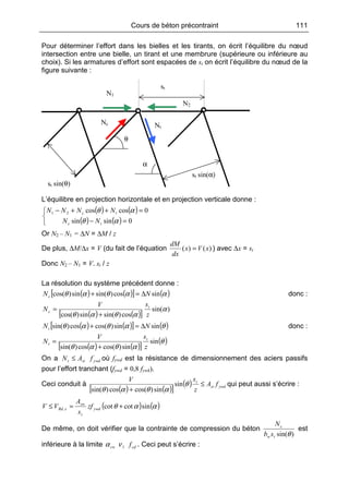 Cours de béton précontraint 111
Pour déterminer l’effort dans les bielles et les tirants, on écrit l’équilibre du nœud
intersection entre une bielle, un tirant et une membrure (supérieure ou inférieure au
choix). Si les armatures d’effort sont espacées de st on écrit l’équilibre du nœud de la
figure suivante :
θ
st sin(α)
α
st
Nc Nt
N1
N2
st sin(θ)
L’équilibre en projection horizontale et en projection verticale donne :
( ) ( )
( ) ( )


=−
=++−
0sinsin
0coscos21
αθ
αθ
tc
tc
NN
NNNN
Or N2 – N1 = ∆N = ∆M / z
De plus, ∆M/∆x = V (du fait de l’équation )()( xVx
dx
dM
= ) avec ∆x = st
Donc N2 – N1 = V. st / z
La résolution du système précédent donne :
( ) ( )[ ] ( )ααθαθ sincos)sin(sin)cos( NNc ∆=+ donc :
( ) ( )[ ]
)sin(
cos)sin(sin)cos(
α
αθαθ z
sV
N t
c
+
=
( ) ( )[ ] ( )θαθαθ sinsin)cos(cos)sin( NNt ∆=+ donc :
( ) ( )[ ]
( )θ
αθαθ
sin
sin)cos(cos)sin( z
sV
N t
t
+
=
On a ywdstt fAN ≤ où fywd est la résistance de dimensionnement des aciers passifs
pour l’effort tranchant (fywd = 0,8 fywk).
Ceci conduit à
( ) ( )[ ]
( ) ywdst
t
fA
z
sV
≤
+
θ
αθαθ
sin
sin)cos(cos)sin(
qui peut aussi s’écrire :
( ) ( )ααθ sincotcot, +=≤ ywd
t
sw
sRd zf
s
A
VV
De même, on doit vérifier que la contrainte de compression du béton
)sin(θtw
c
sb
N
est
inférieure à la limite cdcw f1να . Ceci peut s’écrire :
 