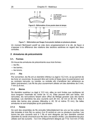 28 Chapitre IV - Matériaux
Figure 6 - Déformation d'une poutre dans le temps
Figure 7 - Déformation par fluage d’une poutre réalisée en plusieurs phases
Un moment fléchissant positif se crée donc progressivement à la clé, de façon à
s’opposer à la différence des rotations des sections extrêmes en regard des deux
consoles.
3. Armatures de précontrainte
3.1. Formes
On trouve les armatures de précontrainte sous trois formes :
— les fils ;
— les barres ;
— les torons.
3.1.1. Fils
Par convention, les fils ont un diamètre inférieur ou égal à 12,2 mm, ce qui permet de
les livrer en couronnes. Ils peuvent être soit ronds et lisses (pour la post-tension) soit
au contraire nervurés, ou crantés, ou ondulés afin d’améliorer leur adhérence au
béton (pré-tension). Les fils les plus couramment utilisés ont des diamètres de 5 mm,
7 mm ou 8 mm.
3.1.2. Barres
De diamètre supérieur ou égal à 12,5 mm, elles ne sont livrées que rectilignes (et
sous longueur maximale de l’ordre de 12 m). Elles peuvent être soit lisses, soit
nervurées, les nervurations faisant alors office de filetage grossier (cas des barres
Dywidag). Les diamètres les plus courants sont 26 mm, 32 mm et 36 mm. Mais il
existe des barres plus grosses (Macalloy φ 40, 50 et même 75 mm). De telles
armatures ne sont employées qu’en post-tension.
3.1.3. Torons
Ce sont des ensembles de fils enroulés hélicoïdalement les uns sur les autres (cas
des torsades à trois fils) ou autour d’un fil central en une ou plusieurs couches. Les
torons les plus courants sont à 7 fils et sont désignés par leur diamètre nominal
(diamètre du cercle circonscrit aux fils dans une section droite). Les diamètres les plus
utilisés sont les suivants : 12,5 mm (fréquemment désigné par T13) 12,9 mm (T13S)
 