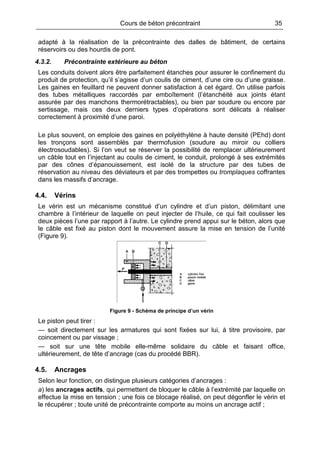 Cours de béton précontraint 35
adapté à la réalisation de la précontrainte des dalles de bâtiment, de certains
réservoirs ou des hourdis de pont.
4.3.2. Précontrainte extérieure au béton
Les conduits doivent alors être parfaitement étanches pour assurer le confinement du
produit de protection, qu’il s’agisse d’un coulis de ciment, d’une cire ou d’une graisse.
Les gaines en feuillard ne peuvent donner satisfaction à cet égard. On utilise parfois
des tubes métalliques raccordés par emboîtement (l’étanchéité aux joints étant
assurée par des manchons thermorétractables), ou bien par soudure ou encore par
sertissage, mais ces deux derniers types d’opérations sont délicats à réaliser
correctement à proximité d’une paroi.
Le plus souvent, on emploie des gaines en polyéthylène à haute densité (PEhd) dont
les tronçons sont assemblés par thermofusion (soudure au miroir ou colliers
électrosoudables). Si l’on veut se réserver la possibilité de remplacer ultérieurement
un câble tout en l’injectant au coulis de ciment, le conduit, prolongé à ses extrémités
par des cônes d’épanouissement, est isolé de la structure par des tubes de
réservation au niveau des déviateurs et par des trompettes ou tromplaques coffrantes
dans les massifs d’ancrage.
4.4. Vérins
Le vérin est un mécanisme constitué d’un cylindre et d’un piston, délimitant une
chambre à l’intérieur de laquelle on peut injecter de l’huile, ce qui fait coulisser les
deux pièces l’une par rapport à l’autre. Le cylindre prend appui sur le béton, alors que
le câble est fixé au piston dont le mouvement assure la mise en tension de l’unité
(Figure 9).
Figure 9 - Schéma de principe d’un vérin
Le piston peut tirer :
— soit directement sur les armatures qui sont fixées sur lui, à titre provisoire, par
coincement ou par vissage ;
— soit sur une tête mobile elle-même solidaire du câble et faisant office,
ultérieurement, de tête d’ancrage (cas du procédé BBR).
4.5. Ancrages
Selon leur fonction, on distingue plusieurs catégories d’ancrages :
a) les ancrages actifs, qui permettent de bloquer le câble à l’extrémité par laquelle on
effectue la mise en tension ; une fois ce blocage réalisé, on peut dégonfler le vérin et
le récupérer ; toute unité de précontrainte comporte au moins un ancrage actif ;
 