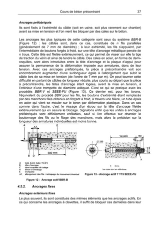Cours de béton précontraint 37
Ancrages préfabriqués
Ils sont fixés à l’extrémité du câble (soit en usine, soit plus rarement sur chantier)
avant sa mise en tension et l’on vient les bloquer par des cales sur le béton.
Les ancrages les plus typiques de cette catégorie sont ceux du système BBR-B
(Figure 12) : les câbles sont, dans ce cas, constitués de n fils parallèles
(généralement de 7 mm de diamètre) ; à leur extrémité, les fils s’appuient, par
l’intermédiaire de boutons forgés à froid, sur une tête d’ancrage métallique percée de
n trous. Cette tête est filetée extérieurement, ce qui permet de visser sur elle la tige
de traction du vérin et ainsi de tendre le câble. Des cales en acier, en forme de demi-
coquilles, sont alors introduites entre la tête d’ancrage et la plaque d’appui pour
assurer la permanence de la déformation imposée aux armatures, donc de leur
tension. Avec ces ancrages préfabriqués, la pièce à précontraindre voit son
encombrement augmenter d’une surlongueur égale à l’allongement que subit le
câble lors de sa mise en tension (de l’ordre de 7 mm par m). On peut tourner cette
difficulté en partant de câbles de longueur réduite, plus courts au départ que la pièce
à précontraindre, les têtes d’ancrage étant logées, avant la mise en tension, à
l’intérieur d’une trompette de diamètre adéquat. C’est ce qui se pratique avec les
procédés BBR-V et SEEE-FU (Figure 13). Ce dernier est, pour les torons,
l’équivalent du procédé BBR pour les fils, les boutons d’extrémité étant remplacés
par des manchons filés obtenus en forçant à froid, à travers une filière, un tube épais
en acier qui vient se mouler sur le toron par déformation plastique. Dans un cas
comme dans l’autre, c’est le vissage d’un écrou sur la tête d’ancrage filetée
extérieurement qui en assure le blocage. Signalons enfin que les unités à ancrages
préfabriqués sont difficilement enfilables, sauf si l’on effectue sur chantier le
boutonnage des fils ou le filage des manchons, mais alors la précision sur la
longueur des armatures individuelles est moins bonne.
Figure 12 - Ancrage actif BBR-B
Figure 13 - Ancrage actif 7 T15 SEEE-FU
4.5.2. Ancrages fixes
Ancrages extérieurs fixes
Le plus souvent, ils sont constitués des mêmes éléments que les ancrages actifs. En
ce qui concerne les ancrages à clavettes, il suffit de bloquer ces dernières dans leur
 
