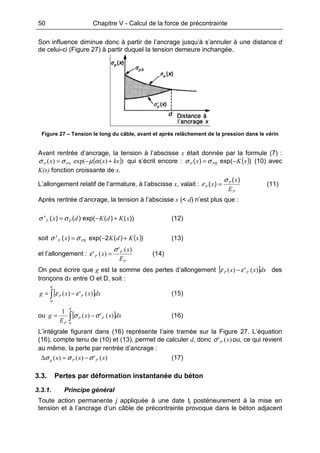 50 Chapitre V - Calcul de la force de précontrainte
Son influence diminue donc à partir de l’ancrage jusqu’à s’annuler à une distance d
de celui-ci (Figure 27) à partir duquel la tension demeure inchangée.
Figure 27 – Tension le long du câble, avant et après relâchement de la pression dans le vérin
Avant rentrée d’ancrage, la tension à l’abscisse x était donnée par la formule (7) :
( )))(exp()( 0 kxxx PP +−= αµσσ qui s’écrit encore : ( ))exp()( 0 xKx PP −= σσ (10) avec
K(x) fonction croissante de x.
L’allongement relatif de l’armature, à l’abscisse x, valait :
P
P
P
E
x
x
)(
)(
σ
ε = (11)
Après rentrée d’ancrage, la tension à l’abscisse x (< d) n’est plus que :
))()(exp()()(' xKdKdx PP +−= σσ (12)
soit ( )))(2exp()(' 0 xKdKx PP +−= σσ (13)
et l’allongement :
P
P
P
E
x
x
)('
)('
σ
ε = (14)
On peut écrire que g est la somme des pertes d’allongement [ ]dxxx PP )(')( εε − des
tronçons dx entre O et D, soit :
[ ]∫ −=
d
PP dxxxg
0
)(')( εε (15)
ou [ ]∫ −=
d
PP
P
dxxx
E
g
0
)(')(
1
σσ (16)
L’intégrale figurant dans (16) représente l’aire tramée sur la Figure 27. L’équation
(16), compte tenu de (10) et (13), permet de calculer d, donc )(' xPσ ou, ce qui revient
au même, la perte par rentrée d’ancrage :
)(')()( xxx PPg σσσ −=∆ (17)
3.3. Pertes par déformation instantanée du béton
3.3.1. Principe général
Toute action permanente j appliquée à une date tj postérieurement à la mise en
tension et à l’ancrage d’un câble de précontrainte provoque dans le béton adjacent
 