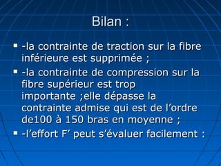 Bilan :Bilan :
 -la contrainte de traction sur la fibre-la contrainte de traction sur la fibre
inférieure est supprimée ;inférieure est supprimée ;
 -la contrainte de compression sur la-la contrainte de compression sur la
fibre supérieur est tropfibre supérieur est trop
importante ;elle dépasse laimportante ;elle dépasse la
contrainte admise qui est de l’ordrecontrainte admise qui est de l’ordre
de100 à 150 bras en moyenne ;de100 à 150 bras en moyenne ;
 -l’effort F’ peut s’évaluer facilement :-l’effort F’ peut s’évaluer facilement :
 
