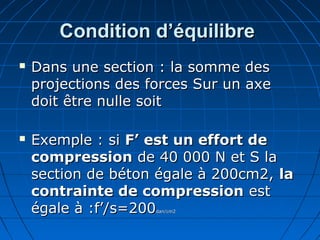 Condition d’équilibreCondition d’équilibre
 Dans une section : la somme desDans une section : la somme des
projections des forces Sur un axeprojections des forces Sur un axe
doit être nulle soitdoit être nulle soit
 Exemple : siExemple : si F’ est un effort deF’ est un effort de
compressioncompression de 40 000 N et S lade 40 000 N et S la
section de béton égale à 200cm2,section de béton égale à 200cm2, lala
contrainte de compressioncontrainte de compression estest
égale à :f’/s=200égale à :f’/s=200dan/cm2dan/cm2
 