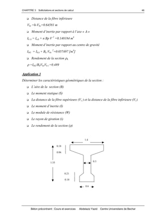 CHAPITRE 3 : Sollicitations et sections de calcul
Béton précontraint : Cours et exercices Abdelaziz Yazid Centre Universitaire de Bechar
46
 Distance de la fibre inférieure
Vhi =h-Vhs=0.64581 m
 Momentd’inertieparrapportàl’axe«»
Ih = In+ n Bp V 2
=0.140184 m4
 Momentd’inertieparrapportaucentredegravité
IhG = Ih+ Bh Vhs
2
=0.057497 [m4
]
 Rendement de la section h
=IhG/BhVhsVh i =0.489
Application 3
Déterminer les caractéristiques géométriques de la section :
 L’airedelasection(B)
 Le moment statique (S)
 La distance de la fibre supérieure (Vs ) et la distance de la fibre inférieure (Vi )
 Lemomentd’inertie (I)
 Le module de résistance (W)
 Le rayon de giration (i)
 Le rendement de la section ()
0.6
1.55
0.18
0.21
1.4
0.3
0.18
0.06
 