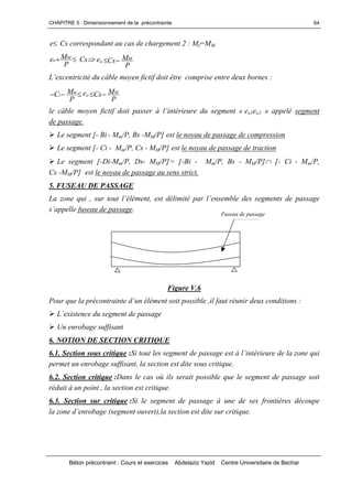 CHAPITRE 5 : Dimensionnement de la précontrainte
Béton précontraint : Cours et exercices Abdelaziz Yazid Centre Universitaire de Bechar
64
e Cs correspondant au cas de chargement 2 : Mf=MM

P
Me M
o Cs eo
P
MCs M

L’excentricitéducâblemoyenfictifdoitêtrecompriseentredeuxbornes:

P
MC m
i eo
P
MCs M

lecâblemoyenfictifdoitpasseràl’intérieuredusegment«eo1eo2 » appelé segment
de passage.
Le segment [- Bi - Mm/P, Bs -MM/P] est le noyau de passage de compression
Le segment [- Ci - Mm/P, Cs - MM/P] est le noyau de passage de traction
Le segment [-Di-Mm/P, Ds- MM/P]= [-Bi - Mm/P, Bs - MM/P] [- Ci - Mm/P,
Cs -MM/P] est le noyau de passage au sens strict.
5. FUSEAU DE PASSAGE
Lazonequi,surtoutl’élément,estdélimitéparl’ensembledessegmentsdepassage
s’appellefuseau de passage.
Figure V.6
Pourquelaprécontrainted’unélémentsoitpossible,ilfautréunirdeuxconditions:
L’existencedusegmentdepassage
Un enrobage suffisant
6. NOTION DE SECTION CRITIQUE
6.1. Section sous critique :Si tout les segment de passageestàl’intérieuredelazonequi
permet un enrobage suffisant, la section est dite sous critique.
6.2. Section critique :Dans le cas où ils serait possible que le segment de passage soit
réduit à un point , la section est critique.
6.3. Section sur critique :Si le segment de passage à une de ses frontières découpe
lazoned’enrobage(segmentouvert),lasectionestditesurcritique.
Fuseau de passage
 
