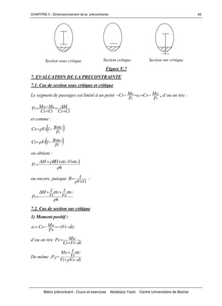 CHAPITRE 5 : Dimensionnement de la précontrainte
Béton précontraint : Cours et exercices Abdelaziz Yazid Centre Universitaire de Bechar
65
Figure V.7
7. EVALUATION DE LA PRECONTRAINTE
7.1. Cas de section sous critique et critique
Le segment de passages est limité à un point
I
M
o
I
m
P
MCse
P
MCi  , d’ouontire:
CiCs
M
CiCs
MMP mM
I



 
et comme :
 I
2
P
iB1VsCs  
 I
1
P
sB1ViCi  
on obtient :
 
h
sViiVsBM
P
112
I

 

ou encore, puisque
VsVi
IB

 :
h
s
Vs
Ii
Vi
IM
P
12
I

 

7.2. Cas de section sur critique
1) Moment positif :
)diVi(
P
MCse
II
M
o 
d’ouontire
diViCs
MP M
II


De même :PII=
diVsVi
i
Vi
IM 2M




Section sous critique Section sur critiqueSection critique
 