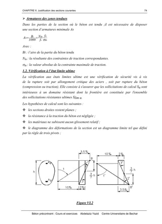 CHAPITRE 6: Justification des sections courantes
Béton précontraint : Cours et exercices Abdelaziz Yazid Centre Universitaire de Bechar
74
Armatures des zones tendues
Dans les parties de la section où le béton est tendu ,il est nécessaire de disposer
unesectiond’armaturesminimaleAs
Bt
tj
e
Btt
S
f
f
N
1000
BA


Avec :
Bt :l’airedelapartiedubétontendu
NBt : la résultante des contraintes de traction correspondantes.
Bt : la valeur absolue de la contrainte maximale de traction.
1.2. Vérificationàl’étatlimiteultime
La vérification aux états limites ultime est une vérification de sécurité vis à vis
de la rupture soit par allongement critique des aciers , soit par rupture du béton
(compression ou traction). Elle consiste à s'assurer que les sollicitations de calcul Su sont
intérieures à un domaine résistant dont la frontière est constituée par l'ensemble
des sollicitations résistantes ultimes Slim u.
Les hypothèses de calcul sont les suivantes :
les sections droites restent planes ;
la résistance à la traction du béton est négligée ;
les matériaux ne subissent aucun glissement relatif ;
le diagramme des déformations de la section est un diagramme limite tel que défini
par la règle de trois pivots ;
Figure VI.2
 