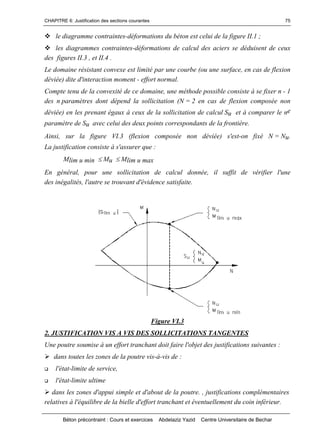 CHAPITRE 6: Justification des sections courantes
Béton précontraint : Cours et exercices Abdelaziz Yazid Centre Universitaire de Bechar
75
le diagramme contraintes-déformations du béton est celui de la figure II.1 ;
les diagrammes contraintes-déformations de calcul des aciers se déduisent de ceux
des figures II.3 , et II.4 .
Le domaine résistant convexe est limité par une courbe (ou une surface, en cas de flexion
déviée) dite d'interaction moment - effort normal.
Compte tenu de la convexité de ce domaine, une méthode possible consiste à se fixer n - 1
des n paramètres dont dépend la sollicitation (N = 2 en cas de flexion composée non
déviée) en les prenant égaux à ceux de la sollicitation de calcul Su et à comparer le ne
paramètre de Su avec celui des deux points correspondants de la frontière.
Ainsi, sur la figure VI.3 (flexion composée non déviée) s'est-on fixé N = Nu.
La justification consiste à s'assurer que :
Mlim u min Mu Mlim u max
En général, pour une sollicitation de calcul donnée, il suffit de vérifier l'une
des inégalités, l'autre se trouvant d'évidence satisfaite.
Figure VI.3
2. JUSTIFICATION VIS A VIS DES SOLLICITATIONS TANGENTES
Une poutre soumise à un effort tranchant doit faire l'objet des justifications suivantes :
dans toutes les zones de la poutre vis-à-vis de :
 l'état-limite de service,
 l'état-limite ultime
dans les zones d'appui simple et d'about de la poutre. , justifications complémentaires
relatives à l'équilibre de la bielle d'effort tranchant et éventuellement du coin inférieur.
 