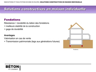 BÉTON
ET LOGEMENT
Fondations
Résistance + durabilité du béton des fondations
= meilleure stabilité de la construction
= gage de durabilité
Avantages
Valorisation en cas de vente
+ Transmission patrimoniale (legs aux générations futures)
Solutions constructives en maison individuelleSolutions constructives en maison individuelle
INNOVATIONS ET FACILITATIONS DE MISE EN ŒUVRE | SOLUTIONS CONSTRUCTIVES EN MAISON INDIVIDUELLE
 