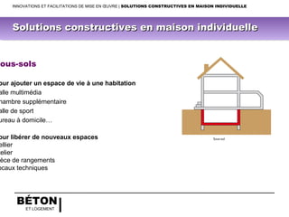 BÉTON
ET LOGEMENT
Sous-sols
our ajouter un espace de vie à une habitation
alle multimédia
hambre supplémentaire
alle de sport
ureau à domicile…
our libérer de nouveaux espaces
ellier
telier
ièce de rangements
ocaux techniques
INNOVATIONS ET FACILITATIONS DE MISE EN ŒUVRE | SOLUTIONS CONSTRUCTIVES EN MAISON INDIVIDUELLE
Solutions constructives en maison individuelleSolutions constructives en maison individuelle
 