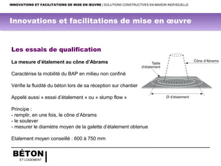 BÉTON
ET LOGEMENT
Les essais de qualification
La mesure d’étalement au cône d’Abrams
Caractérise la mobilité du BAP en milieu non confiné
Vérifie la fluidité du béton lors de sa réception sur chantier
Appelé aussi « essai d’étalement » ou « slump flow »
Principe :
- remplir, en une fois, le cône d’Abrams
- le soulever
- mesurer le diamètre moyen de la galette d’étalement obtenue
Etalement moyen conseillé : 600 à 750 mm
INNOVATIONS ET FACILITATIONS DE MISE EN ŒUVRE | SOLUTIONS CONSTRUCTIVES EN MAISON INDIVIDUELLE
Innovations et facilitations de mise en œuvre
 