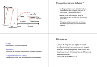 εfluage
t1
εfluage
t1
ε
décharge
t0
εel = σ/E0
εel
t0
t
ε
charge
εél = σ/E1
εél
εél.differée= fluage
réversible
εél.differée≈0,4 εél
εfluage irréversible
εfluage irrév.
σ
Pourquoi tenir compte du fluage ?
• Le fluage peut provoquer des déformations
considérables des ouvrages (2 à 3 fois la
déformation instantanée en 3 ans).
• Il est la cause principale des pertes de
précontrainte dans les éléments structuraux
(relaxation).
• A l’origine de l’atténuation des contraintes
maximales (relaxation) d’où l’économie de
matière.
Fluage:
Déformation à contrainte constante
Relaxation:
Diminution de contrainte à déformation constante (restraint)
Fluage de base (basic creep):
Sans échange d’eau avec environnement (sans séchage)
Mécanisme:
L’origine du fluage est dans la pâte de ciment.
Le mécanisme exact n’est pas connu, mais quelques
personnes émettent l’hypothèse selon laquelle l’eau
dans les pores du C-S-H, sous stress, se diffuse vers
les pores capillaires
– réduction de volume du C-S-H
 
