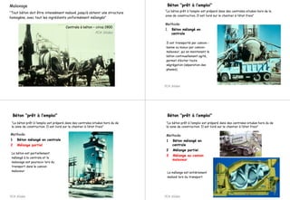 Malaxage
“Tout béton doit être intensément malaxé jusqu’à obtenir une structure
homogène, avec tout les ingrédients uniformément mélangés”
Centrale à béton – circa 1900
PCA Slides
BétonBéton “prêt à“prêt à l’emploil’emploi””
“Le béton prêt à l’emploi est préparé dans des centrales situées hors de la
zone de construction. Il est livré sur le chantier à l’état frais”
Il est transporté par camion -
benne ou mieux par camion-
malaxeur, qui en maintenant le
béton continuellement agité,
permet d’éviter toute
ségrégation (séparation des
phases).
PCA Slides
Methode:
1. Béton mélangé en
centrale
BétonBéton “prêt à“prêt à l’emploil’emploi””
Methode:
1 Béton mélangé en centrale
2 Mélange partiel
Le béton est partiellement
mélangé à la centrale et le
malaxage est poursuivi lors du
transport dans le camion
malaxeur
PCA Slides
“Le béton prêt à l’emploi est préparé dans des centrales situées hors du de
la zone de construction. Il est livré sur le chantier à l’état frais”
Le mélange est entièrement
malaxé lors du transport
PCA Slides
Béton ”prêt à l’emploi”Béton ”prêt à l’emploi”
Methode:
1 Béton mélangé en
centrale
2 Mélange partiel
3 Mélange au camion
malaxeur
“Le béton prêt à l’emploi est préparé dans des centrales situées hors du de
la zone de construction. Il est livré sur le chantier à l’état frais”
 