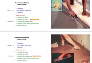Placing
Finishing
• Compactage
• Mise en place, compactage
• Egalisation
EspaceEspace de tempsde temps
• Façonnage des angles
• Façonnage des joints
• Lissage (Outil en Magnesium)
• Texture de surface (brosse, rouleau denté)
• Traitement de cure
Operations deOperations de finitionfinition
Dallage extérieurDallage extérieur
Placing
Finishing
• Compactage
• Mise en place, compactage
• Egalisation
EspaceEspace de tempsde temps
• Façonnage des angles
• Façonnage des joints
• Lissage (Outil en magnesium)
• Texture de surface (brosse, rouleau denté)
• Traitement de cure
Operations deOperations de finitionfinition
Dallage extérieurDallage extérieur
 
