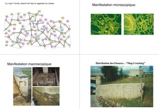 +
-
-
-
-
-
-
+
+--
- -
-
+
+
Na+
Na+
OH-
OH-
Na+
OH-
Na+
Na+
OH-
Na+
OH-
Na+
OH-
Na+
OH-
Na+
Na+
OH-
Na+
OH-
Na+
OH-
Na+
Na+
OH-
Na+
OH-
Na+
OH-
Na+
OH-
Na+
Na+
OH-
Na+
OH-
H2O
H2OH2O
H2O
H2O
H2O
Na+
Le « gel » formé, absorb dd l’eau et augement en volume
Manifestation microscopique:
Manifestation macroscopique: Distribution des FissuresDistribution des Fissures –– “Map Cracking”“Map Cracking”
 