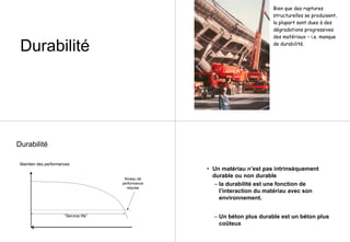 Durabilité
Bien que des ruptures
structurelles se produisent,
la plupart sont dues à des
dégradations progressives
des matériaux – i.e. manque
de durabilité.
Durabilité
“Service life”
Niveau de
performance
requise
Maintien des performances
• Un matériau n’est pas intrinsèquement
durable ou non durable
– la durabilité est une fonction de
l’interaction du matériau avec son
environnement.
– Un béton plus durable est un béton plus
coûteux
 