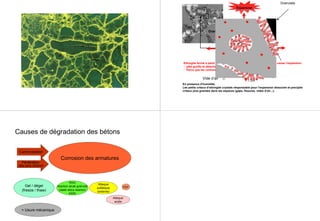 Gran.
Microscale
Vide d’air
1 µm
monosulfoaluminate dans petits pores(<50 nm).
Sulfate dans le C-S-H.
Expansion
Granulats
Empty gap
Crack
Ettringite formé à partir de monosulfoaluminate dans les petits pores cause l’expansion:
* pâte gonfle et detache des aggregates
* Parce que les contraint n’est pas uniform petits fissures sont crées
En presence d’humidité,
Les petits critaux d’ettringite crystals responsable pour l’expansion dissoutre et precipite
critaux plus grandes dans les espaces (gaps, fissures, vides d’air...):
Causes de dégradation des bétons
Corrosion des armatures
Gel / dégel
(freeze / thaw)
RAG
réaction alcali granulat
(alakli silica reaction
ASR)
Attaque
sulfatique
(externe)
DEF
+ Usure mécanique
Attaque
acide
Carbonatation
Pénétration
des ions chlores
 