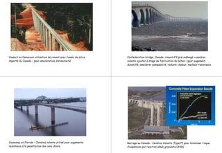 Viaduct en Cameroon utilisation de ciment avec fumée de silice
importé du Canada – pour ameiloration d’etancheité
Confederation bridge, Canada: ciment+FS pré-mélangé +cemdres
volante ajouter à stage de fabrication du béton – pour augement
durabilté, ameilorer pompabilité, reduire chaleur, meilleur resistance
Causeway en Floride – Cendres volante utilisé pour augemente
resistance à la penetration des ions chlore
Barrage au Canada – Cendres Volants (Type F) pour minimiser risque
d’expansion par reaction alkali granulats (ASR)
 