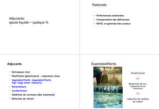 Adjuvants:
ajouts liquide ~ quelque %
Rationale
• Performances ameliorées
• Compensation des déficiences
• NOTE: en générale très couteux
Adjuvants
• Entraineurs d’air
• Plastifiants (plasticisers) – reducteurs d’eau
• Superplastifiants –(superplastifiants
high range water reducers)
• Retardateurs
• Accelerateurs
• Inhibition de corrosion (des armatures)
• Retuction de retrait
Superplastifiants
Fluidification
OU
Reduction de e/c
(augmentation de
resistance)
OU
reduction du contenu
du ciment
 