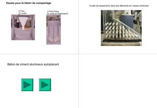 V-Flow
(V-coulé)
U-Flow Filling
(U-coulé en remplissant)
Essais pour le béton de compactage
Coulé (et tassement) dans les éléments en masse renforcés
Béton de ciment alumineux autoplacant
 
