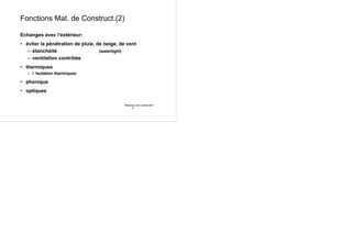 Matériaux de Construction
1
Fonctions Mat. de Construct.(2)
Echanges avec l'extérieur:
• éviter la pénétration de pluie, de neige, de vent
– étanchéité (watertight)
– ventilation contrôlée
• thermiques
– l ’isolation thermiques
• phonique
• optiques
 