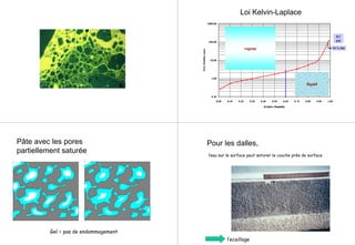 Loi Kelvin-Laplace
0.1
µm
99 % RH
Pâte avec les pores
partiellement saturée
Gel = pas de endommagement
Pour les dalles,
l’eau sur le surface peut saturer le couche près de surface
l’ecaillage
 