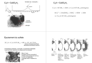C3A + CaSO4Hx
ettringite
Couche
« bloquante »
formation de « monosulfo »
C3A + CaSO4Hx
_ _
3 2 3 32C A 3C S H 26 H C A .3C S .H (ettringite)+ + ⇒
2 2
4 4
_
3 32
6C a 2 A l(O H ) 3S O 4O H 26 H
C a A .3C S .H (ettringite)
+ − − −
+ + + +
⇒
Épuisement du sulfate
_ _
3 3 32 3 122C A C A .3C S .H 4 H 3C A .C S .H+ + ⇒
Calcium monosulfo aluminate
Monosulfo aluminate de calcium
À température ambiante « monosulfo » et seulement métastable
Il peut se former seulement en présence de C3A anhydre
Pâte à 7 jours
Formation local de monosulfo à
l’intérieur des couches de C-S-H ou
il y a du C3A disponible.
L’ettringite reste à l’extérieur du
grain.
a) Grain du ciment
anhydre –
mulitphase
b) ~10 min
Reaction rapide du
C3A avec le sulfate
et le calcium de la
solution,
formation de
« couche
bloquante » et
ettringite en solution
c) ~10 h
Reaction du C3S
donne « outer
product » C-S-H
qui forme
une « coquille »
separée du grain
d) ~18 h
Reaction sécondaire
du C3A donnant des
longues aiguilles
d’ettringite
e) ~1-3 j
formation du
« monsulfo » à
l’interieur d’une
coquille de C-S-H
à partir du C3A et
de l’ettringite
f) ~14j
formation du
« inner product »
C-S-H
 