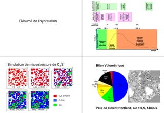 Résumé de l’hydratation
~10 h
rapide
pptn des
hydrates
~3 h
Réaction
lente:
induction
~10 m
dissolutioninitiale
réaction
ralentie,
diffusion
à travers
de couches
d’hydrates
~24 h
chaleur
temps
SILICATESALUMINATES
Dissolutionet
formationrapide
duproduit
«bloquant»
Dissolutionet
formationrapide
duproduit
«bloquant»
Réaction
trèslente
Réaction
trèslenteFormation
rapidede
C-S-HetCH
Formation
rapide
d’ettringite
vitessede
réaction
(C-S-HetCH)
diminueà
causede
couche
deshydrates
Epuisement
dusulfate
C3A+ett>
monosulfo-
aluminate
TAUX DE
RÉACTION
2% 15% 30%
Simulation de microstructure de C3S
t=0 α=0 t=6h α=0,08 t=24h α=0,34
t=28d α=0,73 t=1y α=0,88
C3S anhydre
C-S-H
CH
anhyd
3%
pores
16%
other
4%
ett (AFt)
4%
AFm
11%
CH
14%
C-S-H
48%
Bilan Volumétrique
Pâte de ciment Portland, e/c = 0,5, 14mois
 