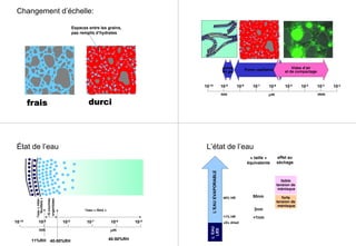 frais durci
Changement d’échelle:
Espaces entre les grains,
pas remplis d’hydrates
10-10 10-9 10-8 10-7 10-6 10-5 10-4 10-3 10-2
nm µm mm
pores
du gel Pores capillaires Vides d’air
et de compactage
État de l’eau
10-10 10-9 10-8 10-7 10-6 10-5
nm µm
~5couches
organisées
l’eau « libre »
l’eau«inter-
feuillets»
11%RH 40-50%RH 40-50%RH
L’état de l’eau
L’EAUEVAPORABLEL’EAU
LIÉE
«D» dried
11% HR
40% HR
« taille »
équivalente
effet au
séchage
50nm
2nm
<1nm
forte
tension de
ménisque
faible
tension de
ménisque
 